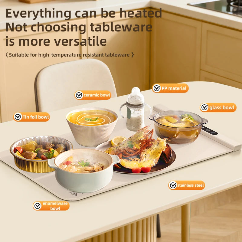 Electric Warming Tray Foldable Food Warmer Mat with 6 Temperature Settings Fast Full Surface Heating Portable Heating Tray