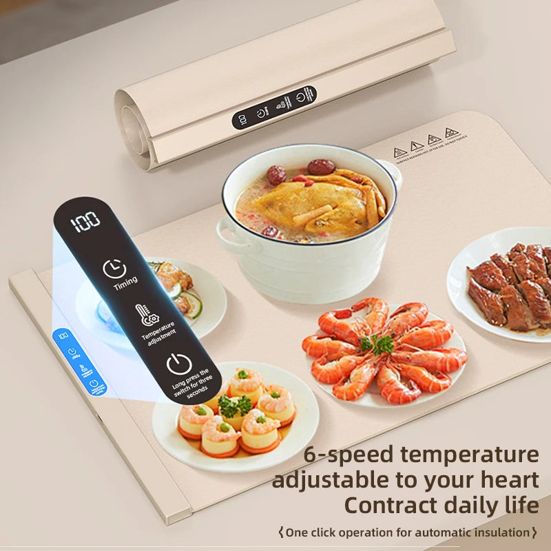 Electric Warming Tray Foldable Food Warmer Mat with 6 Temperature Settings Fast Full Surface Heating Portable Heating Tray