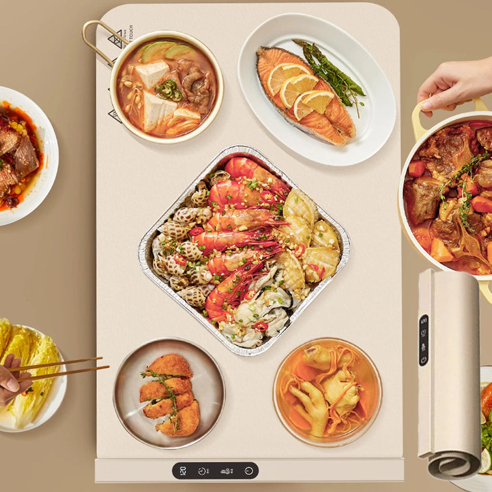 Electric Warming Tray Foldable Food Warmer Mat with 6 Temperature Settings Fast Full Surface Heating Portable Heating Tray