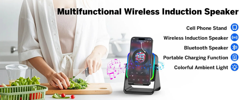 Magnetic Induction Speaker Phone Stand Wireless Bluetooth Phone Holder Amplifier Portable Desk Speaker RGB Light 5000mAh Battery
